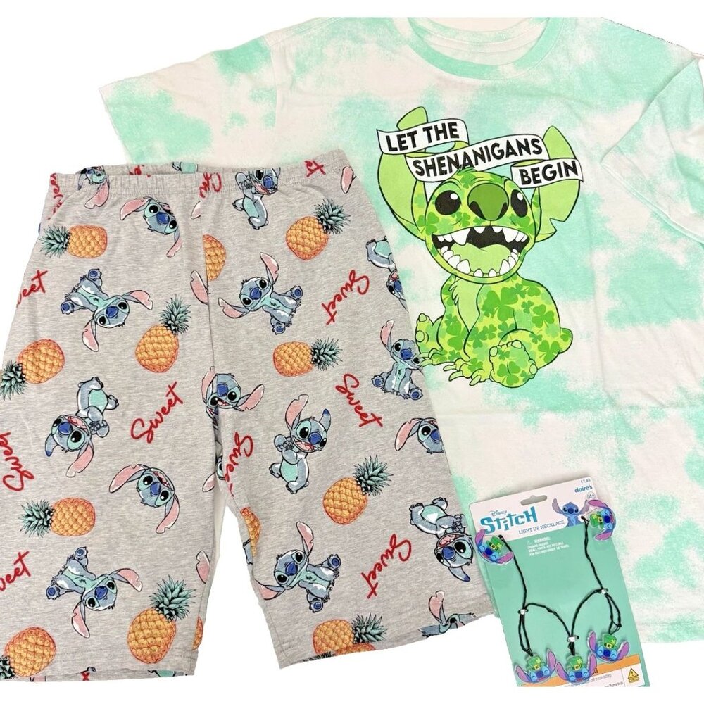 Disney Stitch St Patricks Day 3 Pc Outfit Set Tee Shorts Light Up Necklace S